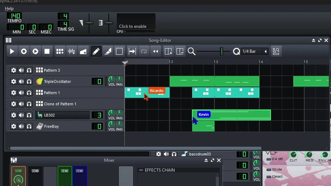 Ricardo’s orange cursor and Kevin’s blue cursor on different tracks in the same Song Editor session.