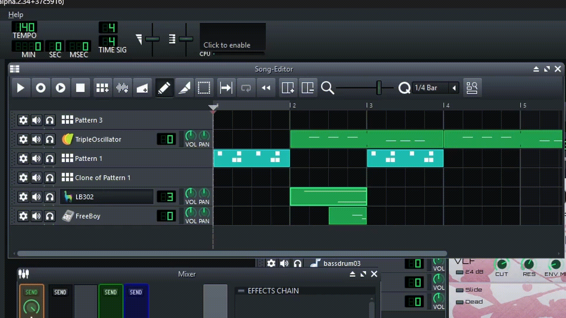 A shared LMMS-Collab Song Editor session, with named cursors moving between tracks and patterns.