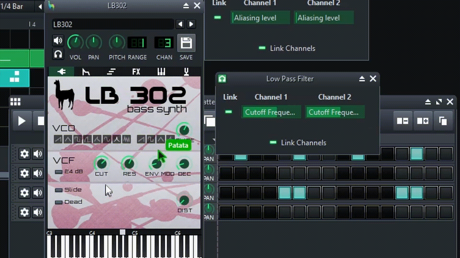 Named collaborators adjusting instruments and effects in the same LMMS-Collab session.