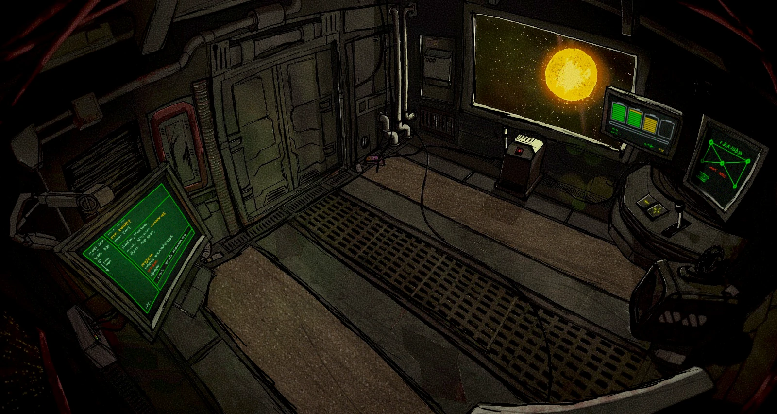 An empty cabin room with active instrument displays and a red dwarf on the main screen.